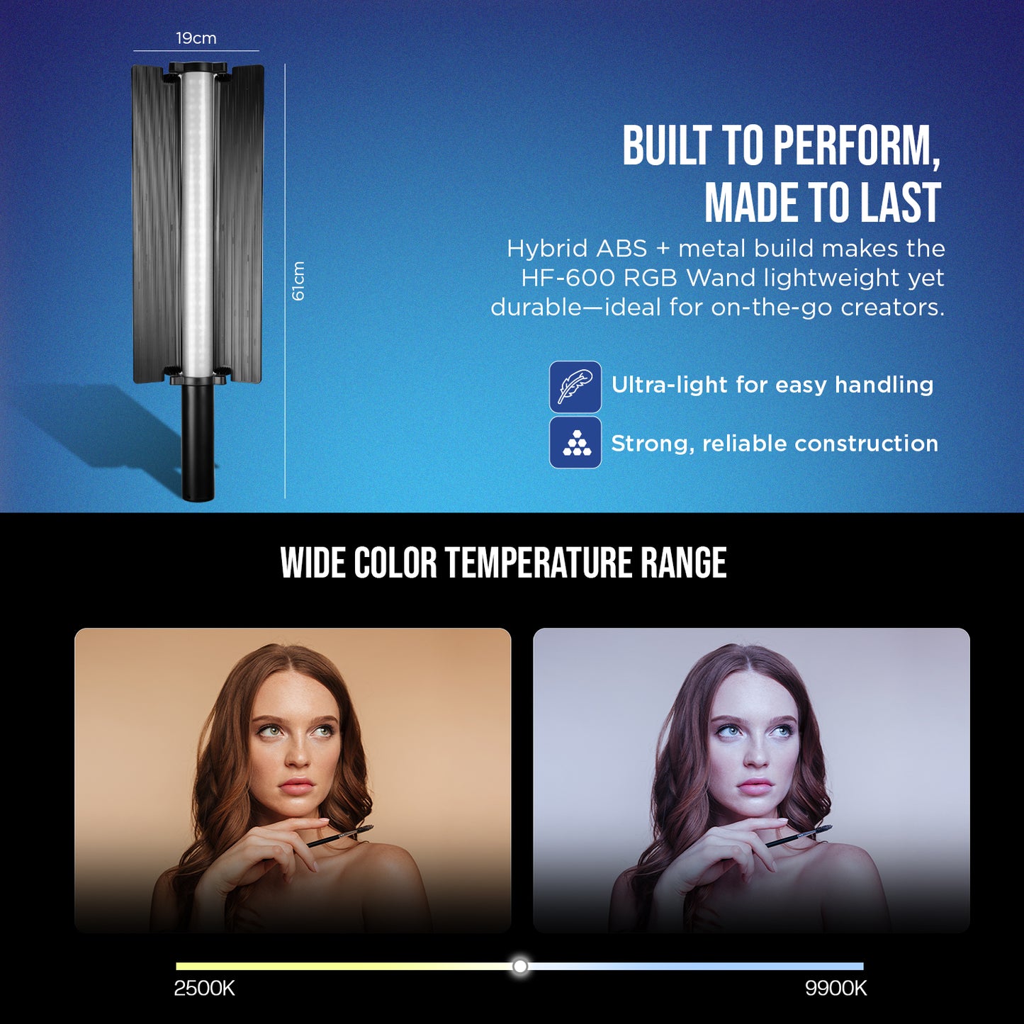 HF-600 Professional RGB Stick Light | 24W Power | CCT 2500K-9900K | 5200mAh Battery | 24 Effects