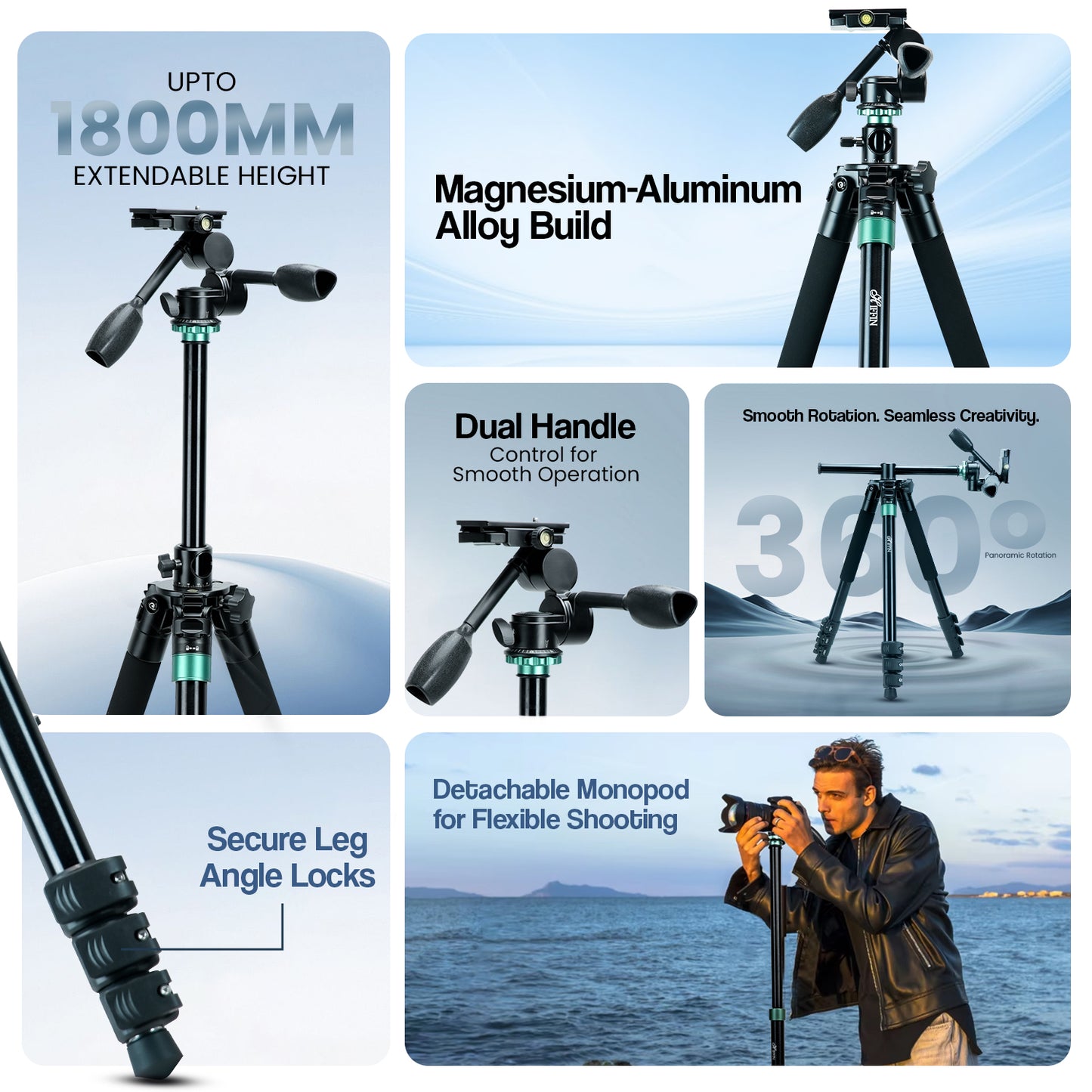 HF-999 Professional Portable Tripod Monopod with 3 Way Pan Head
