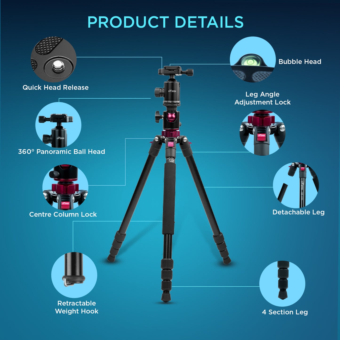 HF-550 1.651M (65") Camera Tripod for Canon Nikon DSLR, Aluminum Alloy