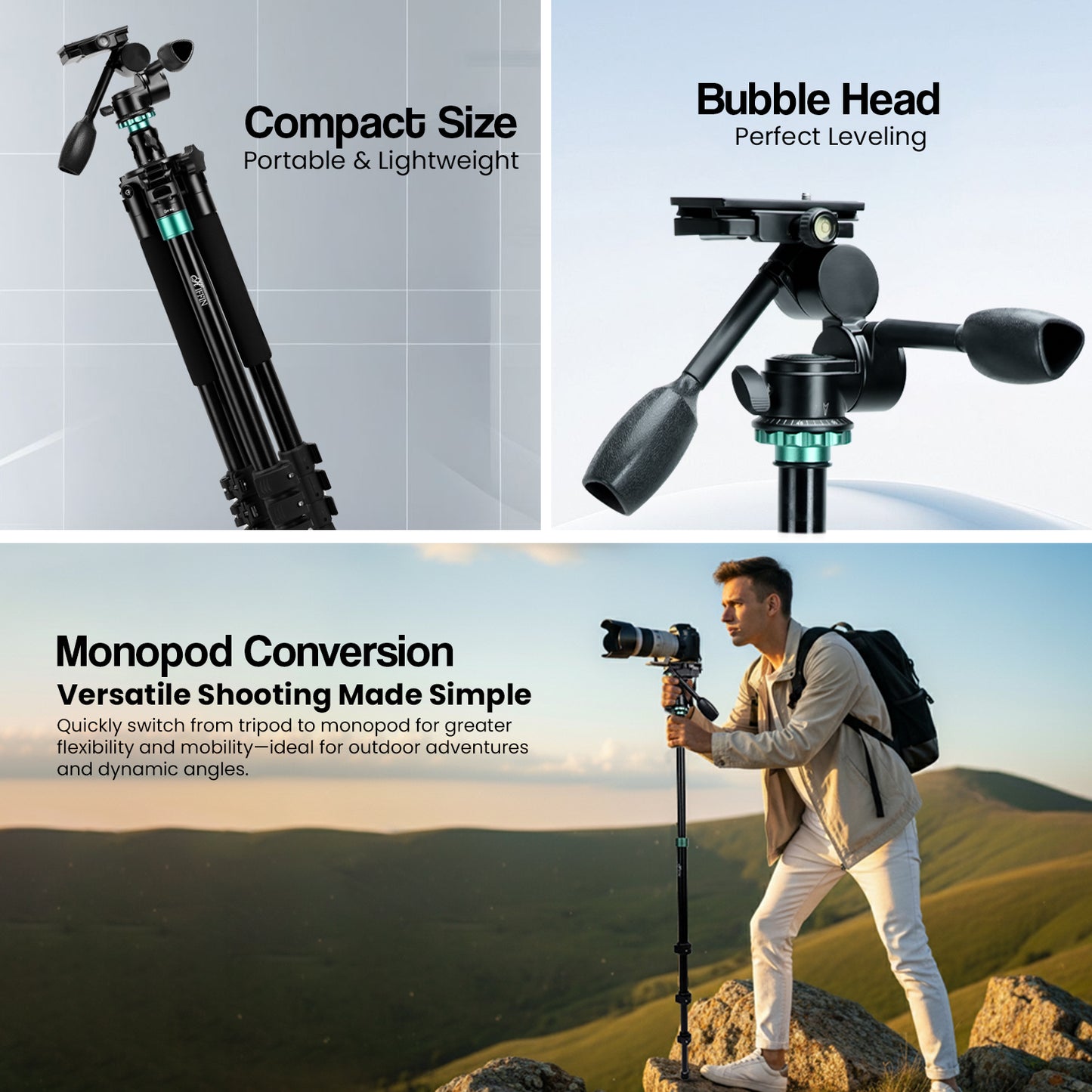 HF-999 Professional Portable Tripod Monopod with 3 Way Pan Head