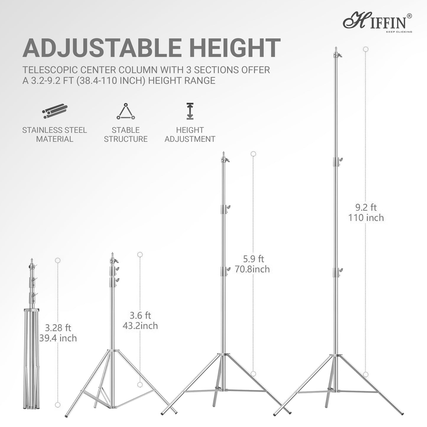 HIFFIN Stainless Steel Heavy Duty 99.06-279.4 CM Adjustable Light Stand with 0.635 CM to 0.9525 CM Universal Adapter for Studio Monolights, Softbox, and More Equipment