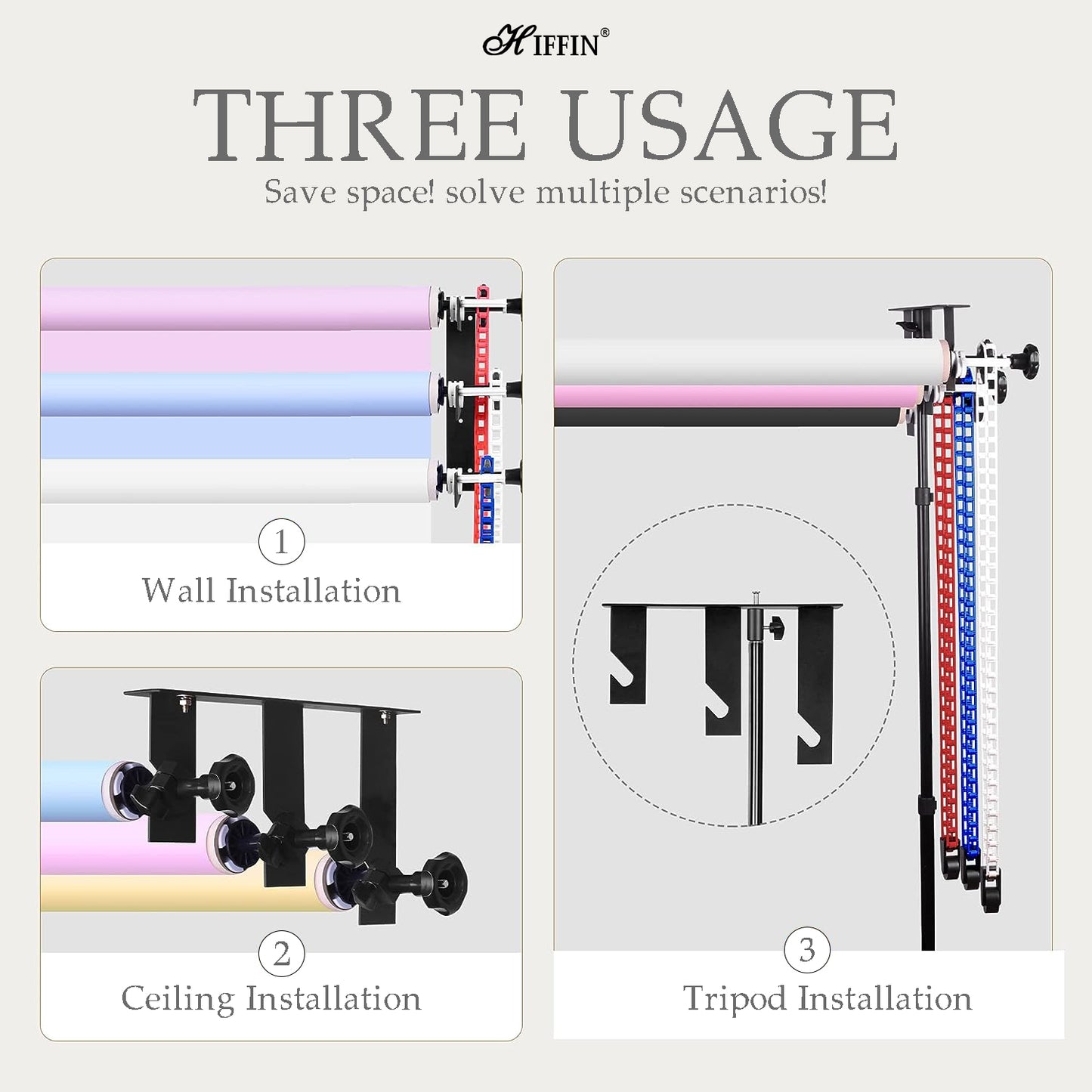3-Roller Backdrop Stand & Wall Mount with 2 Hooks, 6 Bars & 3 Chains