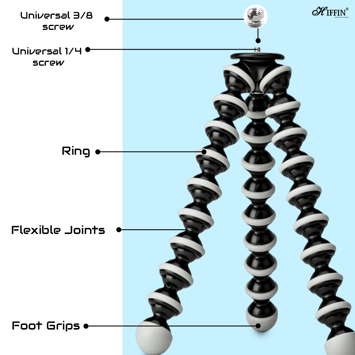 HIFFIN 13 inch/33.02 CM Jumbo Flexible Gorillapod Tripod with Mobile Attachment for DSLR, Action Cameras & Smartphones(Black)(Gorilla Jumbo Tripod 13 + 3 inches with Holder R)
