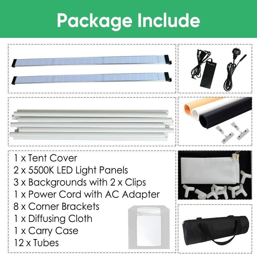 HIFFIN® 32"/80CM Photo Studio Light Box Shooting Tent, Adjustable 126 LED Panel Light Bulbs with Table Top Softbox Cube, 3 Colors Backdrops(Black...