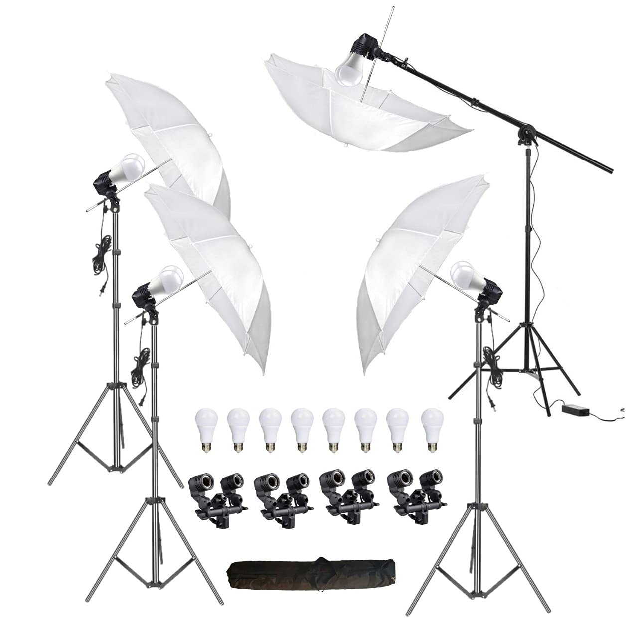 HIFFIN E27 4 Point Studio Double Holder Kit Umbrella White + Studio Light Stand 9 FT Bulb Holder KIT Mark IIII | 4 Double Holder | 4 Light Stand 9ft | 4 Umbrella | 8 20 W LED Bulb | 1 Boom