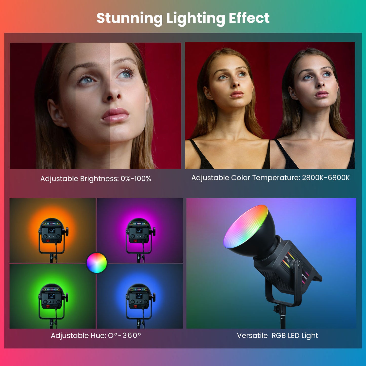 150 Watt RGB LED Video Light 2800K-6800K, 11 FX Modes, 9800Lm Brightness, Remote Control, 220V Power Supply