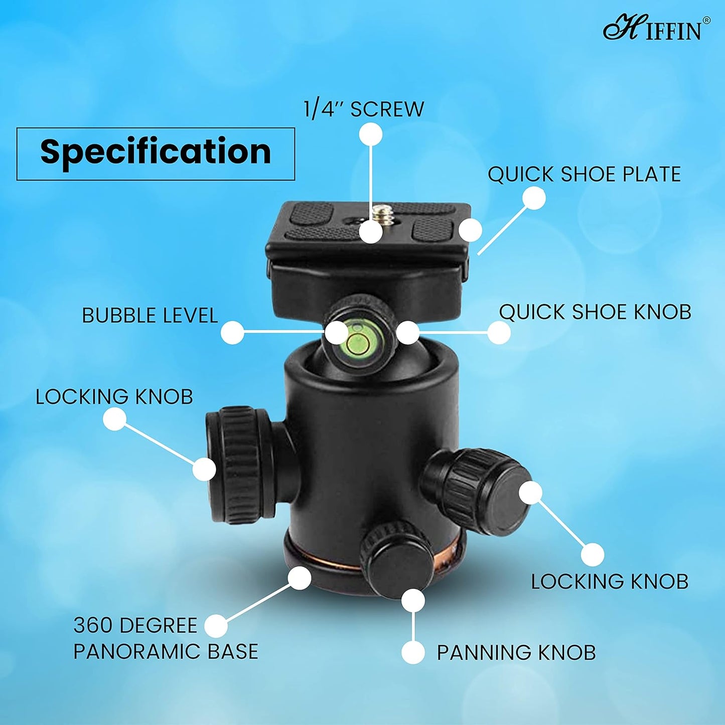 HIFFIN®Professional Metal 360 Degree Rotating Panoramic Ball Head with 1/4 inch Quick Release Plate and Bubble Level,up to 17.6pounds/8kilograms,for Tripod,Monopod,Slider,DSLR Camera,Camcorder