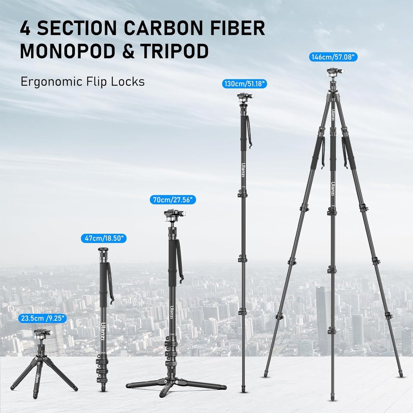 Ulanzi TT35 57.48" Carbon Fiber Tripod Kit w/ Hiking Poles & QR