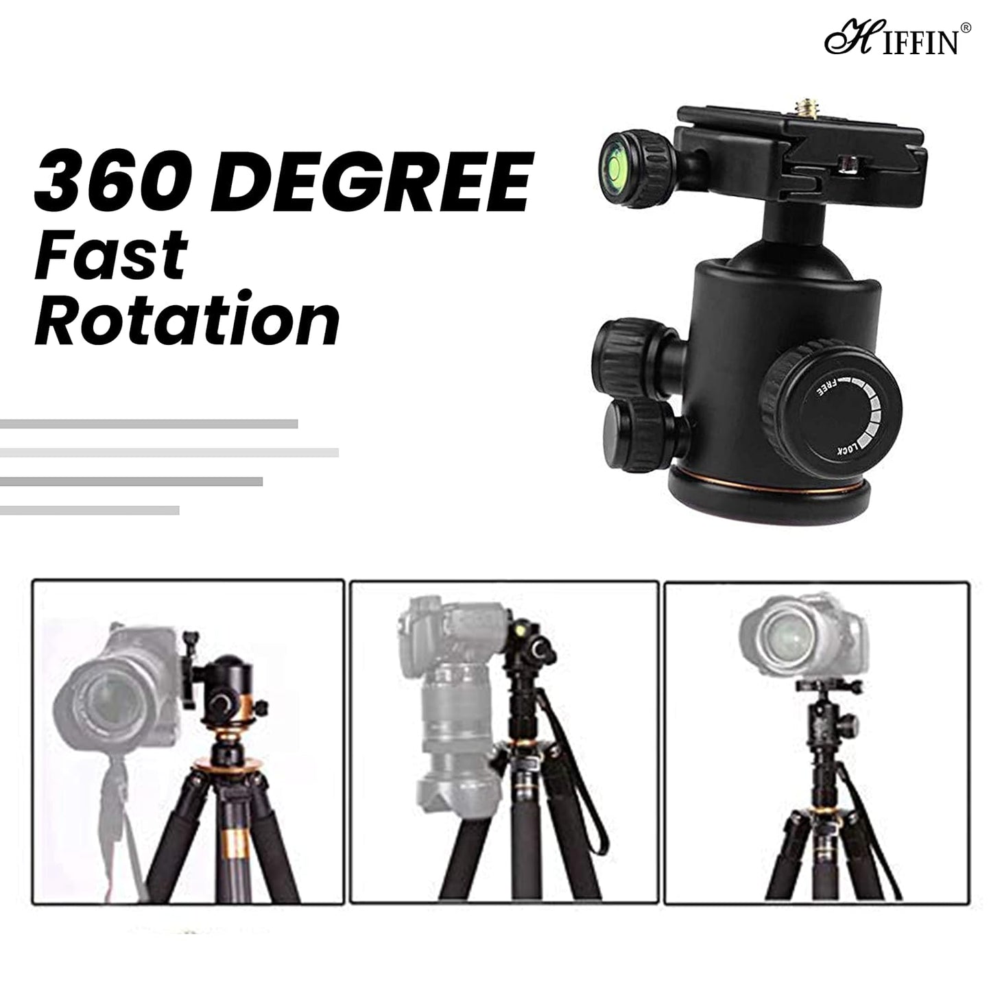 HIFFIN®Professional Metal 360 Degree Rotating Panoramic Ball Head with 1/4 inch Quick Release Plate and Bubble Level,up to 17.6pounds/8kilograms,for Tripod,Monopod,Slider,DSLR Camera,Camcorder