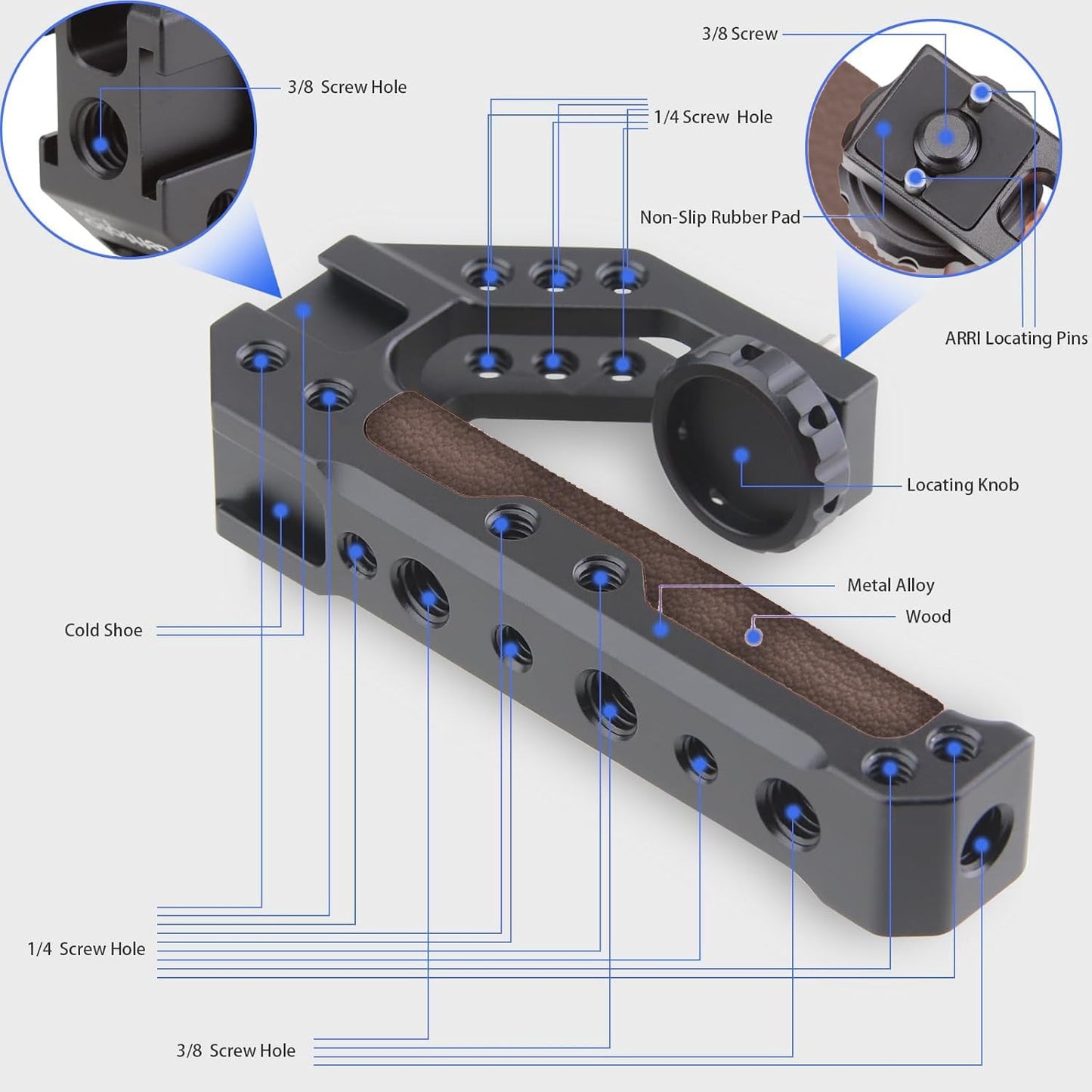 HIFFIN Handle Quick Release Handgrip for Camera Cage Rig with 3/8" ARRI locating pins, Anti-Off Design, and a Durable Leather-Metal Grip.