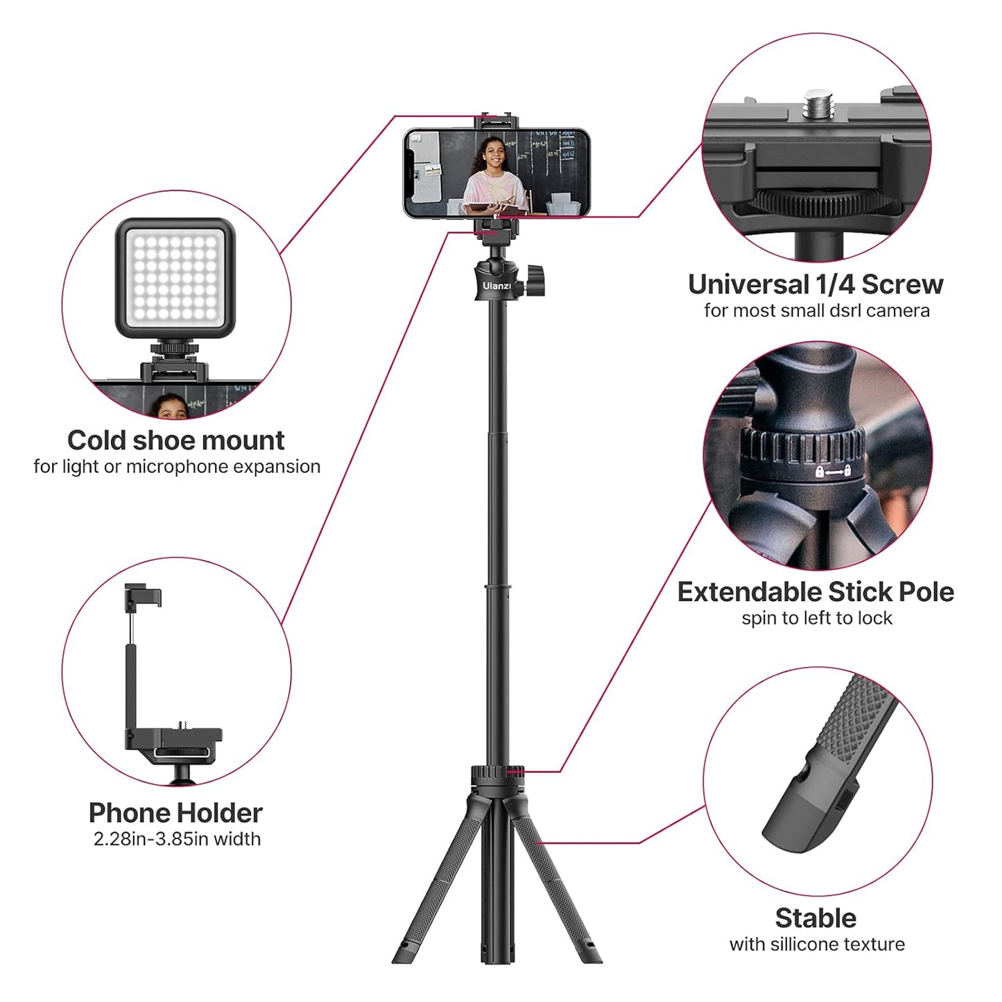 Ulanzi MT-34 Extendable Tripod, Selfie Stick, 2-in-1 Clamp