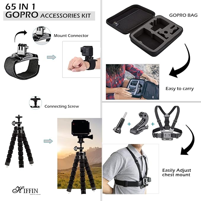 HIFFIN Branded 65 in 1 Compatible for GoPro, Sony Action Cam, Nikon, Garmin, Ricoh Action Cam, SJCAM, iPhone and Android | Epic Photo Shooting