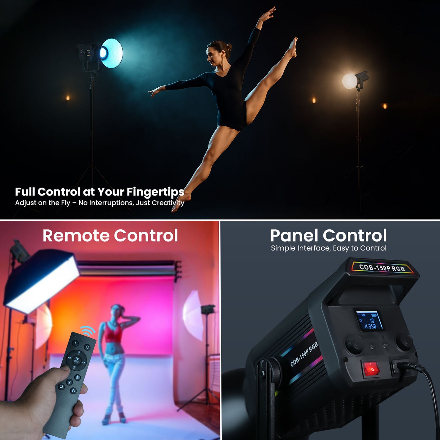 150 Watt RGB LED Video Light 2800K-6800K, 11 FX Modes, 9800Lm Brightness, Remote Control, 220V Power Supply