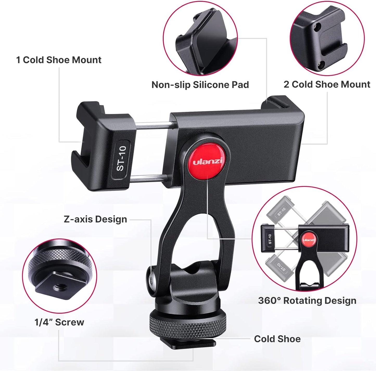 ULANZI ST-10 Metal Phone Tripod Mount, 360° Universal Clamp, 2 Cold Shoes