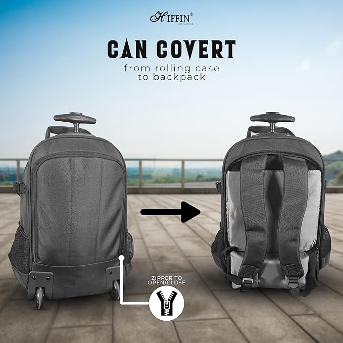 Hiffin 2-in-1 Convertible Backpack Rolling Case for Cameras and Gear with Great Capacity, User-Friendly Design, and Durable Waterproof Construction - Travel in Style and Convenience!