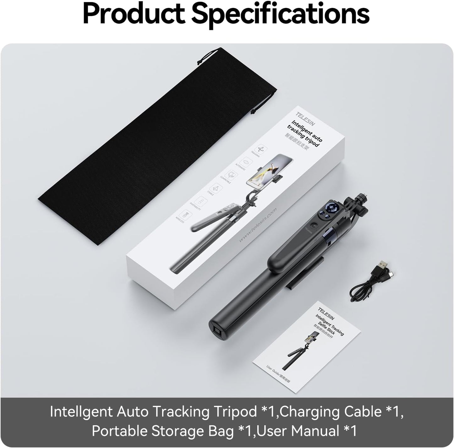 TELESIN 63" Smart Auto-Face Tracking Tripod, 360° Rotation, Remote & Gesture Control