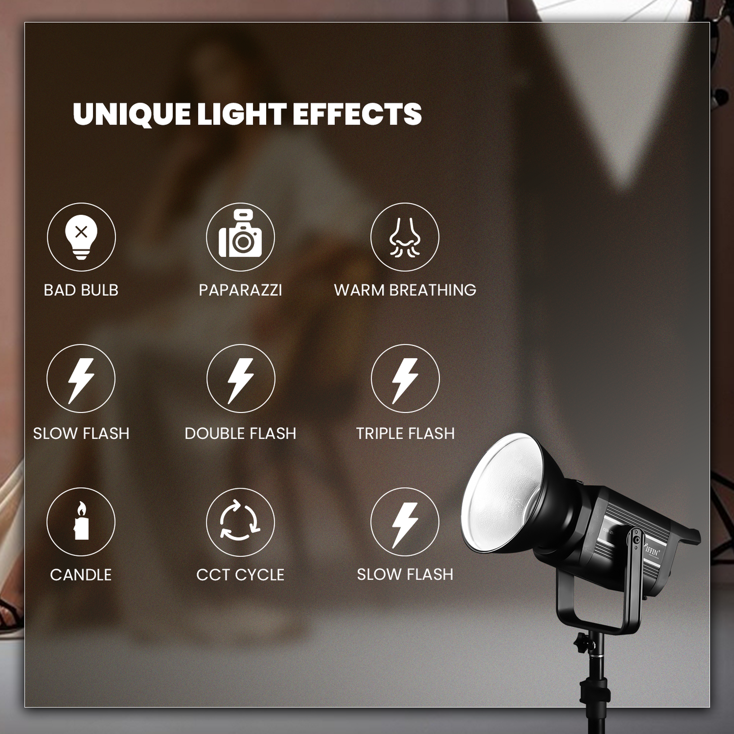 Professional 250W LED Video Light, 2800K-6800K Adjustable, 9 FX Modes Remote Control, and 10%-100% Brightness