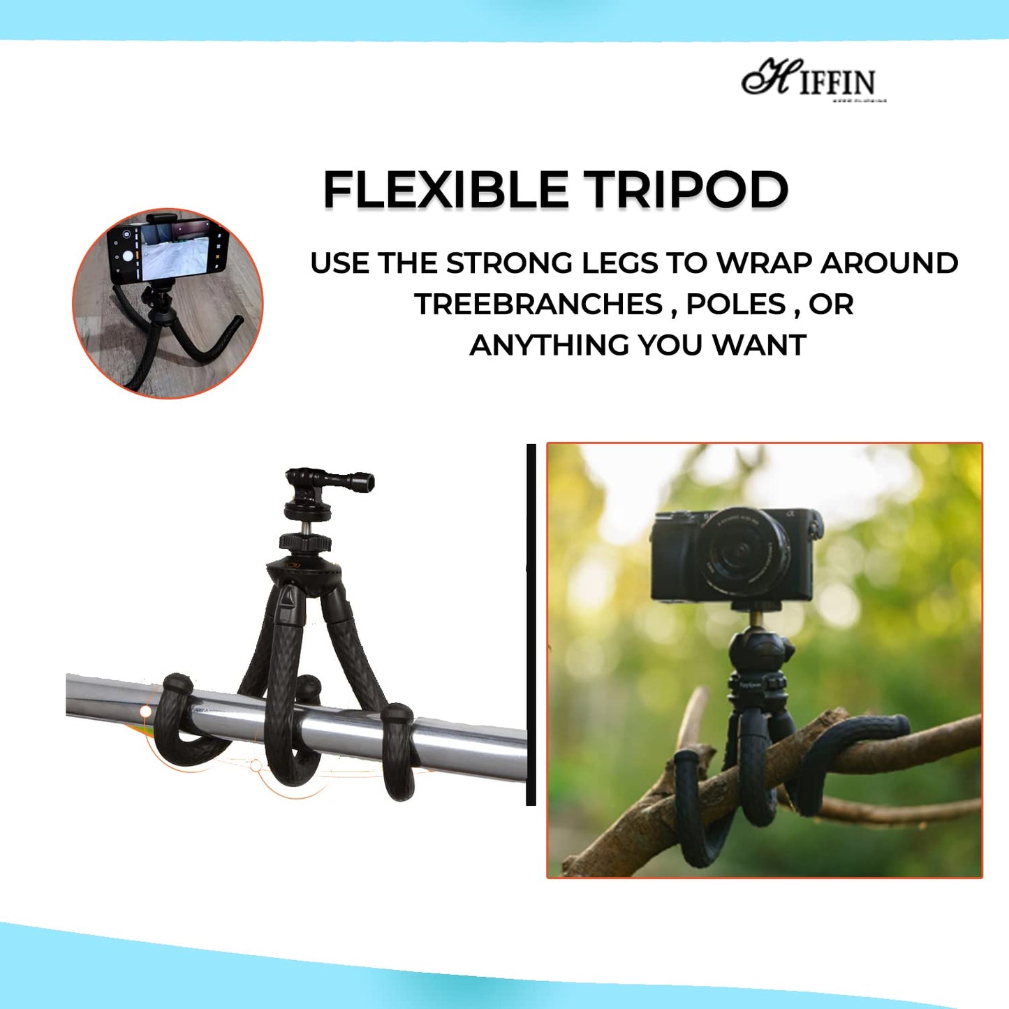 HIFFIN Flexible Gorillapod Tripod with 360° Rotating Ball Head Tripod for All DSLR Cameras(Max Load 2.5 kgs) & Mobile Phones + Free Heavy Duty Mobile Holder(Black) 304.8 MM (12 Inch, Black)