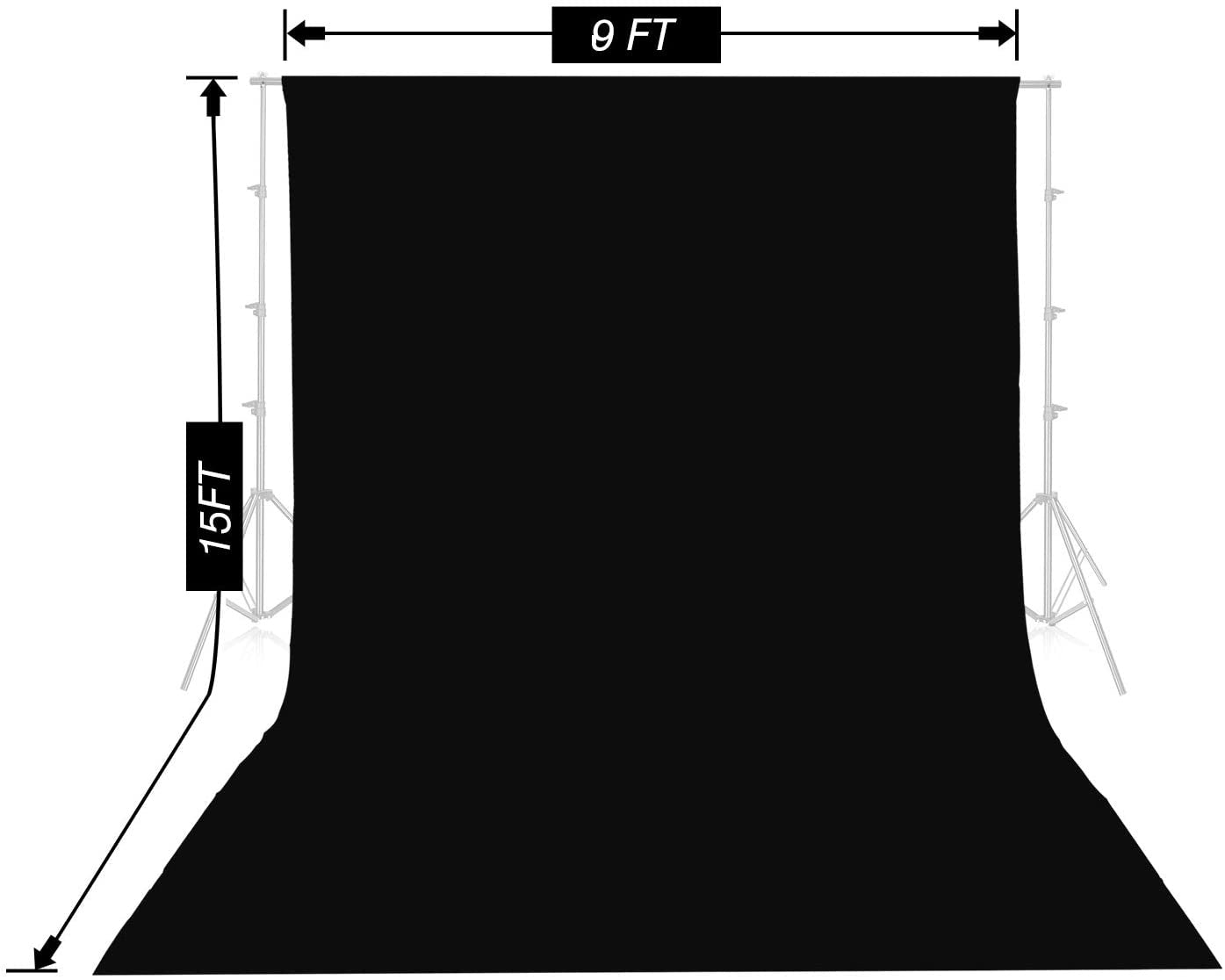 HIFFIN® 8 x 12 FT Black LEKERA Backdrop Photo Light Studio Photography Background with 4pcs Backdrop Support Spring Clamp 4.3"/11cm.