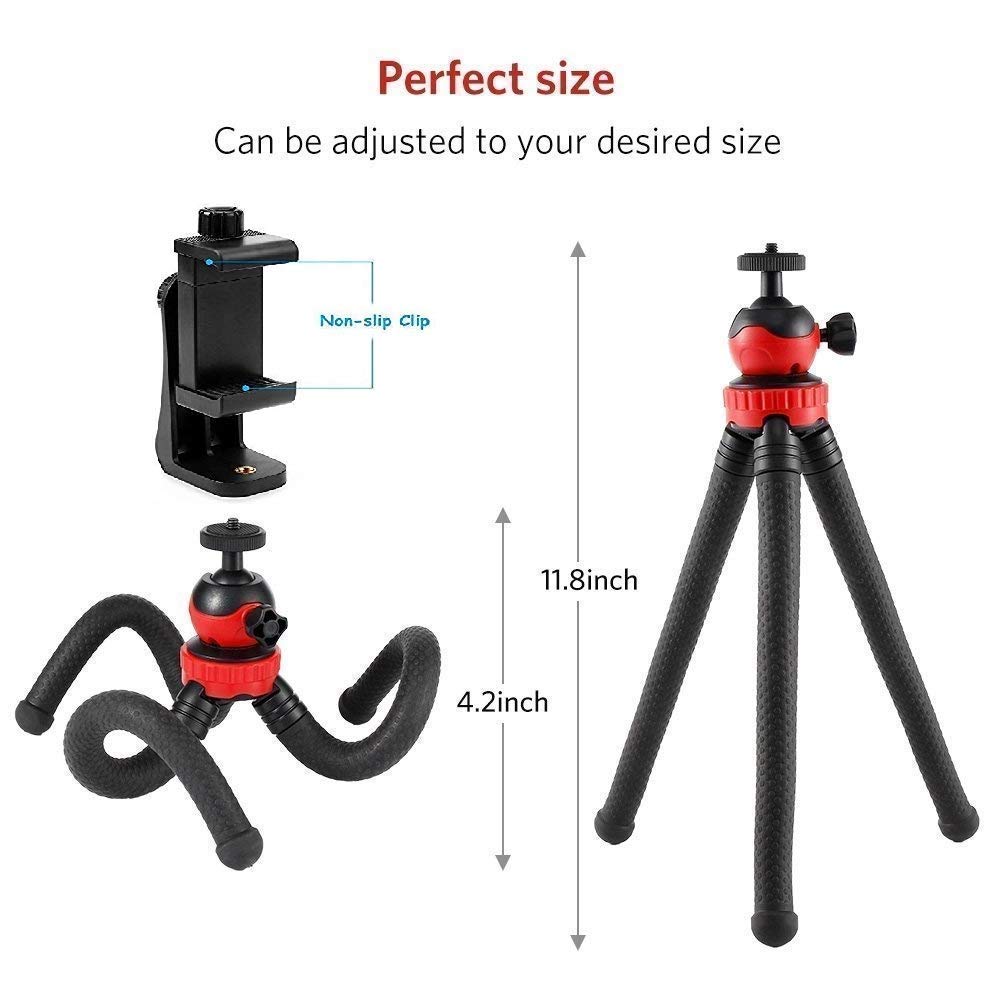 HIFFIN Flexible Gorillapod Tripod with 360° Rotating Ball Head Tripod for All DSLR Cameras(Max Load 1.5 kgs) & Mobile Phones (Black/Red) with Triopod Holder