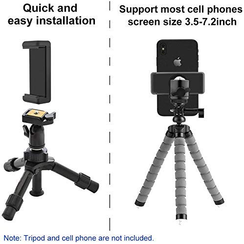 HIFFIN® Cell Phone Holder Clip and Ball Head Adapter Set for Tripod and Selfie Stick with 1/4 Screw, Universal Tripod Mount, Camera Tripod Ball Head, 360 Degree Swivel Cell Phone Tripod Mount Set