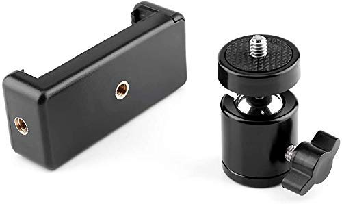HIFFIN® Cell Phone Holder Clip and Ball Head Adapter Set for Tripod and Selfie Stick with 1/4 Screw, Universal Tripod Mount, Camera Tripod Ball Head, 360 Degree Swivel Cell Phone Tripod Mount Set