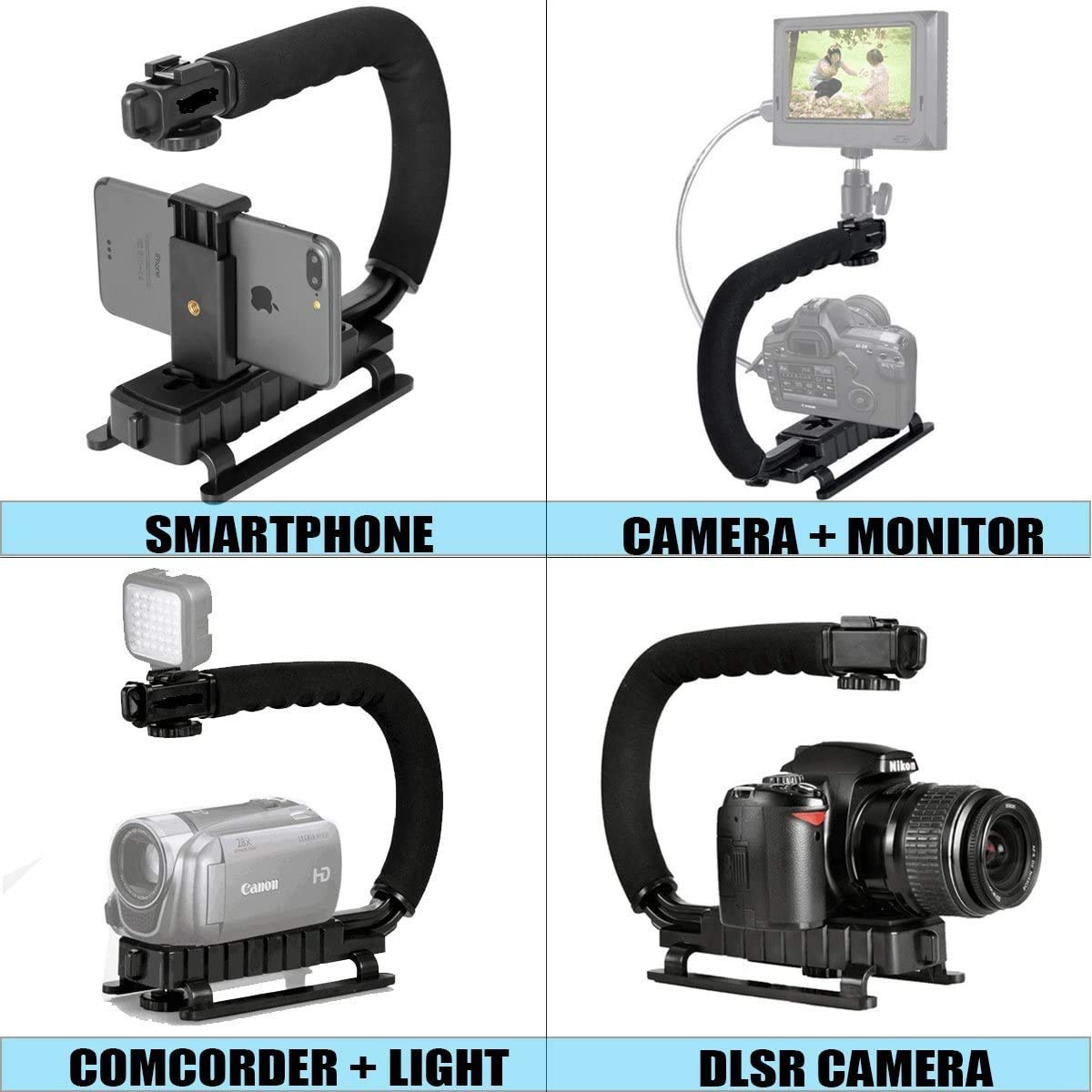 HIFFIN® 3 in 1 Universal Stabilizer C-Shape Bracket Video Handheld Grip + Ball Head hot Shoe Adapter + Mobile Phone Clip Holder for 4in1 DSLR Camera +Camcorder +Smartphone Video Rig Mount Fit