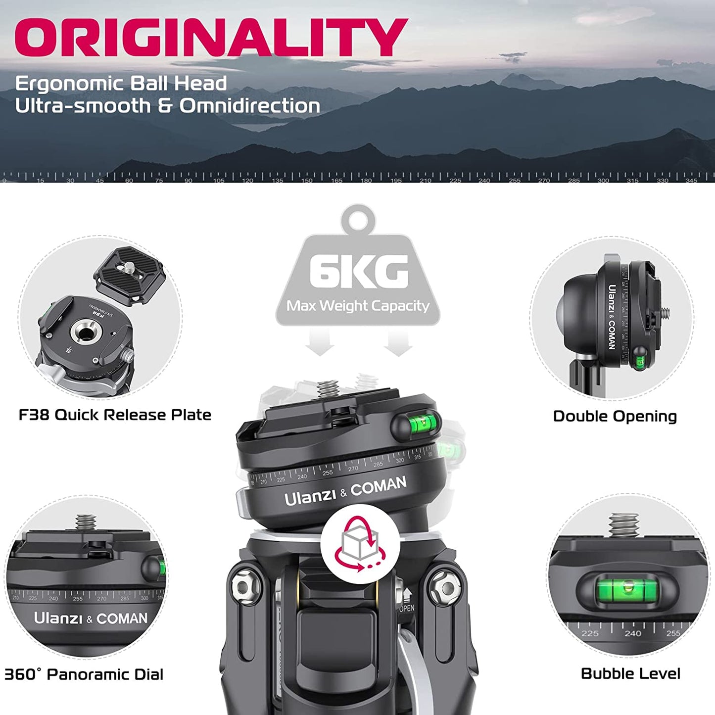 Zero F38 Carbon Fiber Camera Tripod, 62.6", 360° Ballhead, 39.6lbs Max Load
