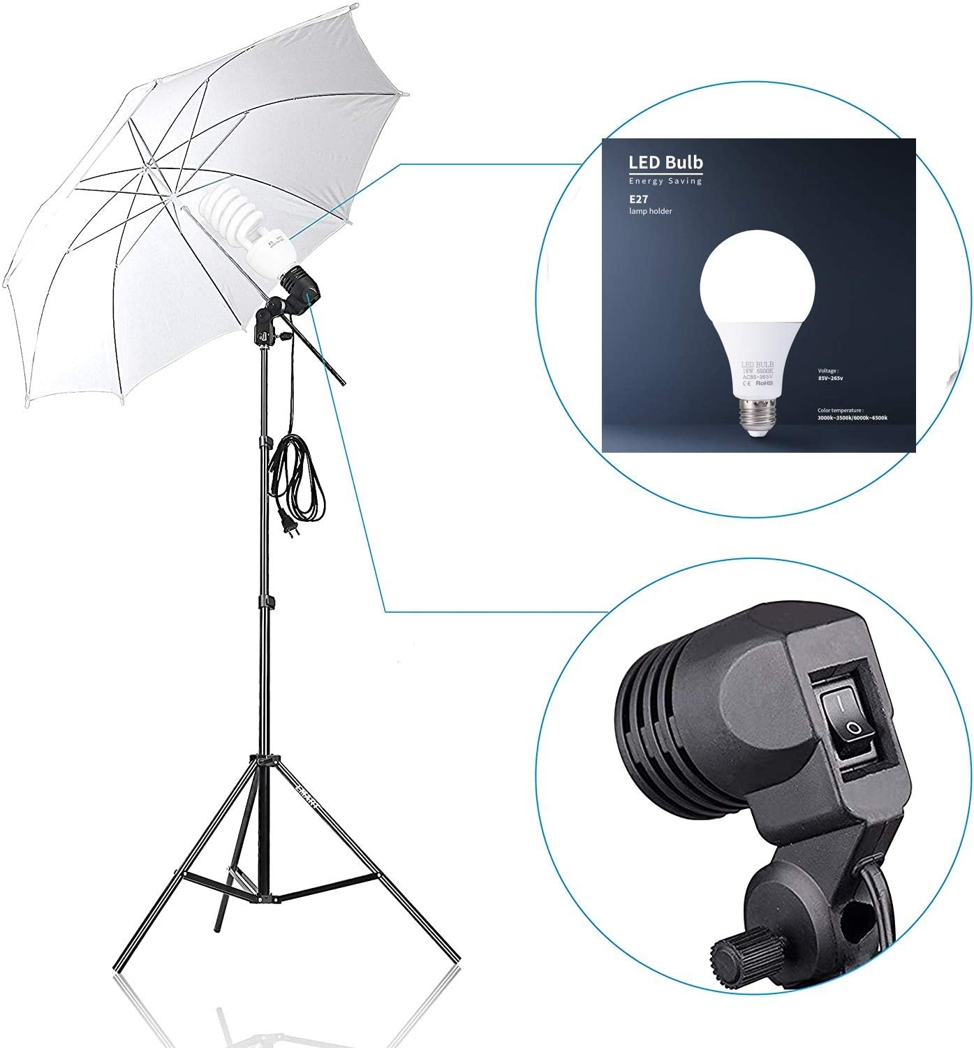 HIFFIN®Daylight Umbrella Continuous Lighting Kit, 8x14ft Background Support System with 2 Muslin backdrops (Black and White) for Photo Studio & 18 W Bulb Product, Portrait and Video Shoot Photography