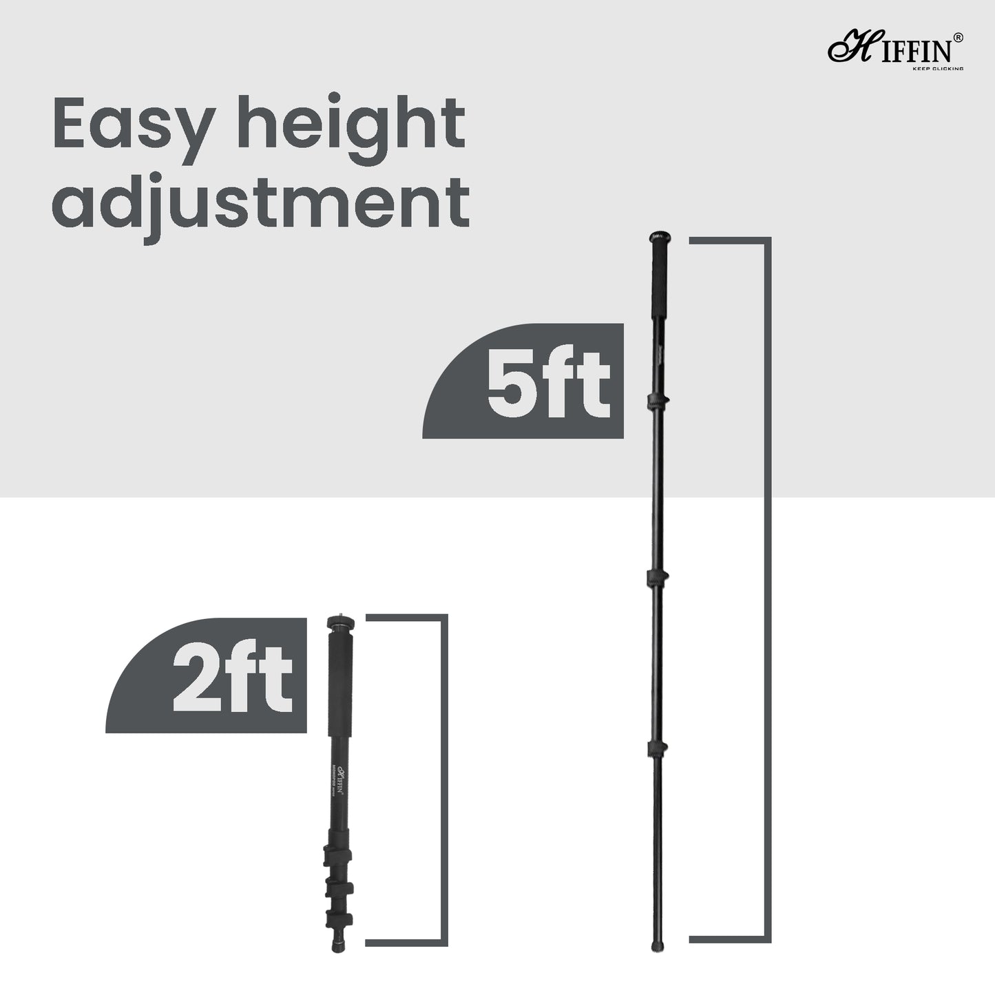 HIFFIN® 152cm Monopod Universal 5ft max length ,min length 21ft with soft non-slip sponge, 4 section tube, universal camera adaptor, screw hole at bottom and security locking in black color
