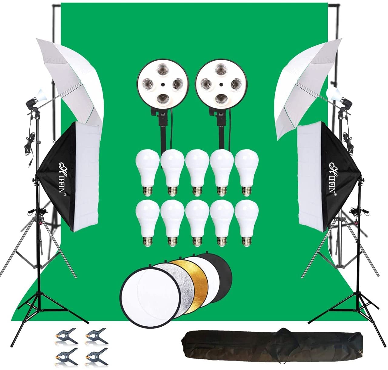 HIFFIN® Lighting Kit Adjustable Max Size 8x14ft Background Support System 1 Green Color Backdrop Fabric Photo Studio Softbox Sets Continuous Umbrella...