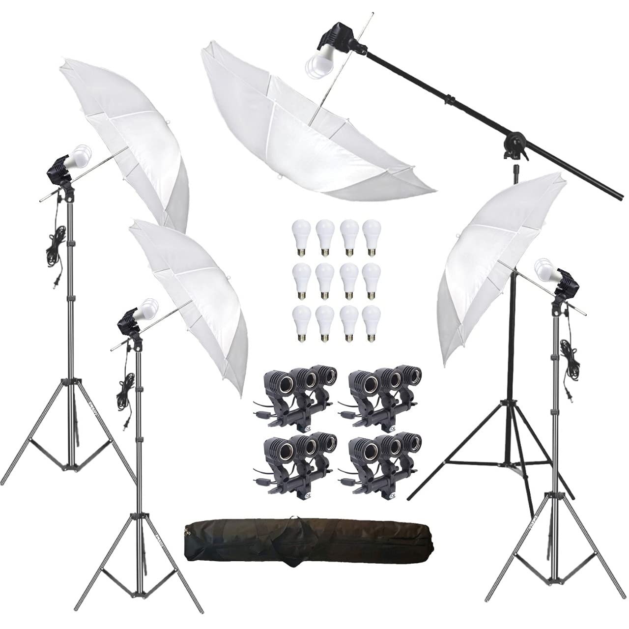 HIFFIN® E27 4 Point Studio Holder Kit Umbrella White + Studio Light Stand 9 FT Bulb Holder KIT Mark IIII | 4 Triple Holder | 4 Light Stand 9ft | 4 Umbrella | 12 x 20 W LED Bulb | 1 Boom | 1 Bag