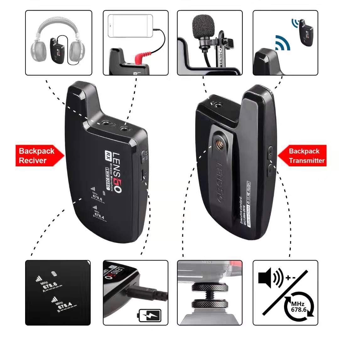 LENSGO LWM-308C Dual-Channels Lavalier Wireless Microphone - 2 Transmitter & 1 Receiver 50 Meter Range 8 Hour Battery for DSLR Camera Smartphones Gimbal Video Vlog Interview Clip-on Lapel Mic (2 TX & 1 RX)