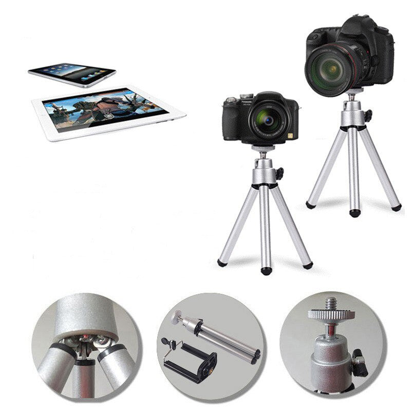 HIFFIN® Mini Table TOP Aluminium Telescopic Tripod with Mobile Clip for Camera, GO PRO,Mobile Phone (Silver) Tripod+Mobile Clip