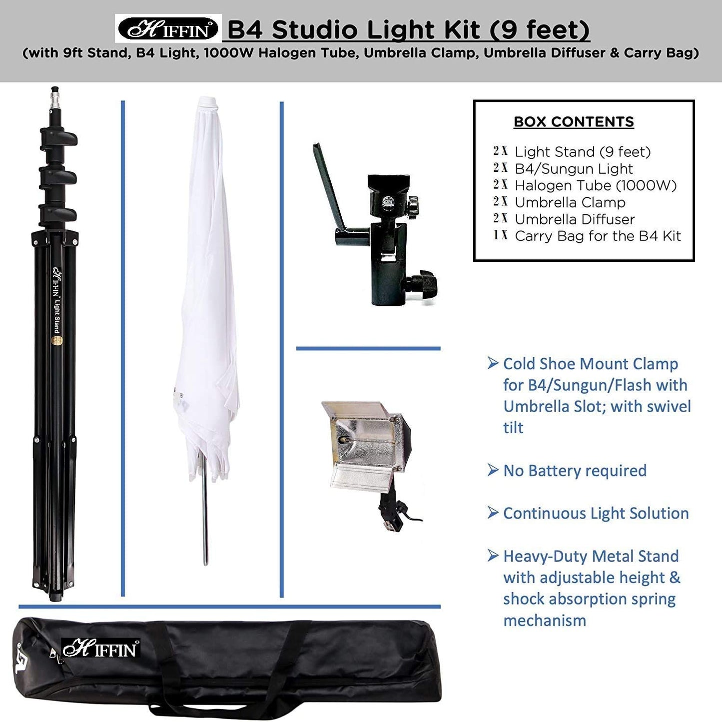 HIFFIN® Studio Home 33 Umbrella Stand Setup With Sungun Semi Heavy Bracket Umbrella Adapter B-Bracket And Stand Double Set With Continuous/Video Light With 1000 Watt Halogen Tube B4 Light Kit Set Of 2