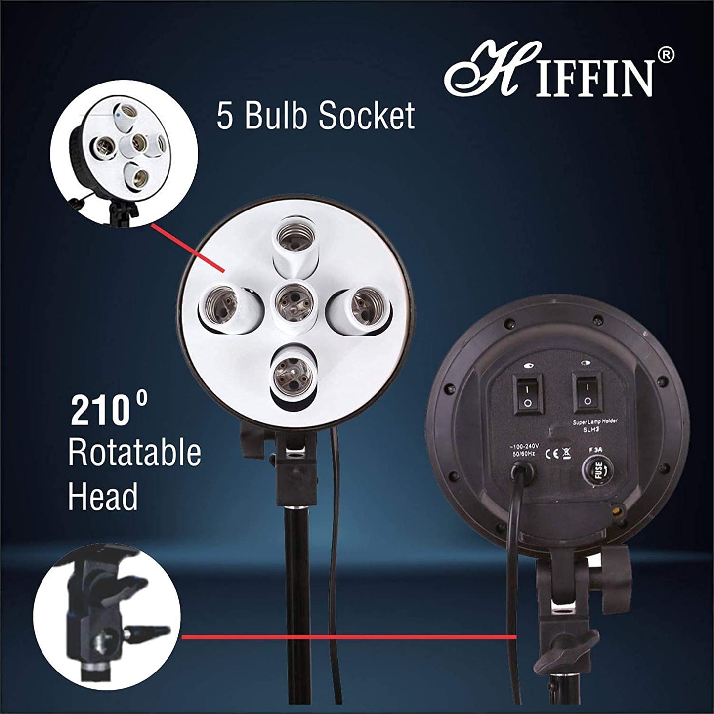 HIFFIN® 5 in 1 E27 Photo Studio Bulb Holder with 20W Bulb Base Socket Lamp Bulb Holder Adapter for Photo Video Studio Softbox Video Light - Black
