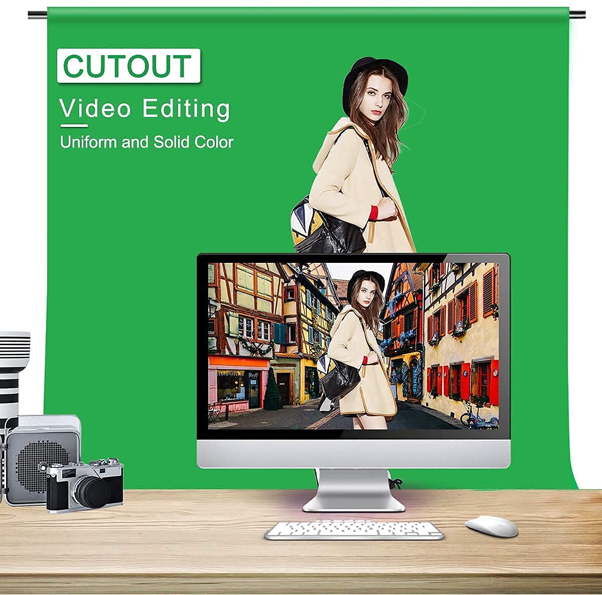 HIFFIN® Green|Grey Screen Backdrop 6x10 ft with Stand -6x9FT Photography Backdrop with 1PC 6.5FT T-Shape Backdrop Stands, 4PCs Spring Clamps, 1PCs Carry Bag