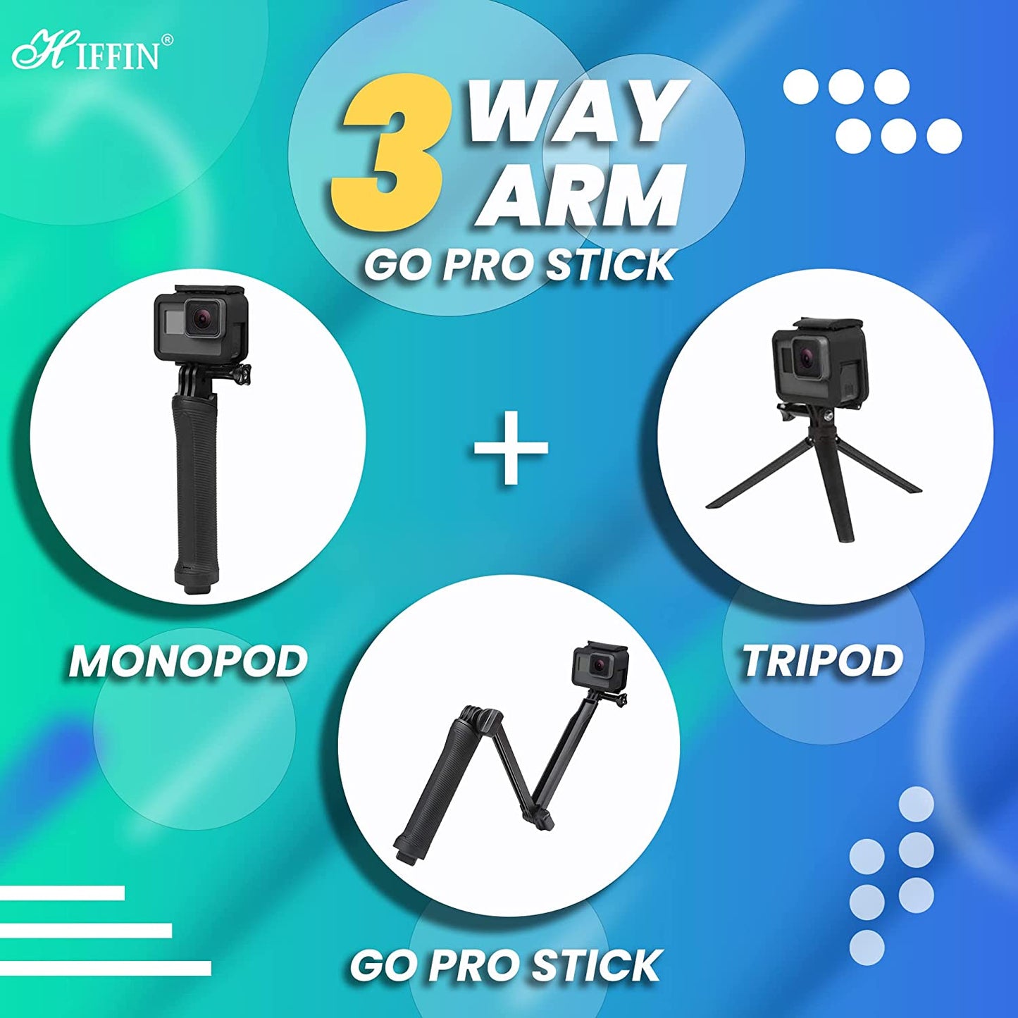 HIFFIN® 3-Way Monopod Grip Arm Tripod Foldable Selfie Stick, Stabilizer Mount Holder for GoPro Hero 9/8/7/6/5, SJCAM SJ6, SJ7, SJ5000,