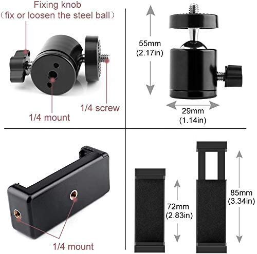 HIFFIN® Cell Phone Holder Clip and Ball Head Adapter Set for Tripod and Selfie Stick with 1/4 Screw, Universal Tripod Mount, Camera Tripod Ball Head, 360 Degree Swivel Cell Phone Tripod Mount Set