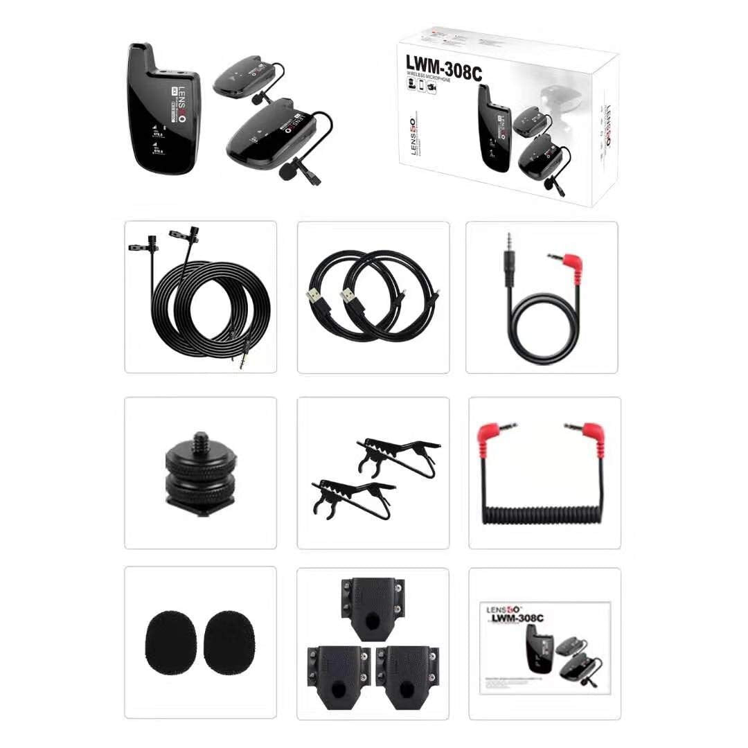 LENSGO LWM-308C Dual-Channels Lavalier Wireless Microphone - 2 Transmitter & 1 Receiver 50 Meter Range 8 Hour Battery for DSLR Camera Smartphones Gimbal Video Vlog Interview Clip-on Lapel Mic (2 TX & 1 RX)