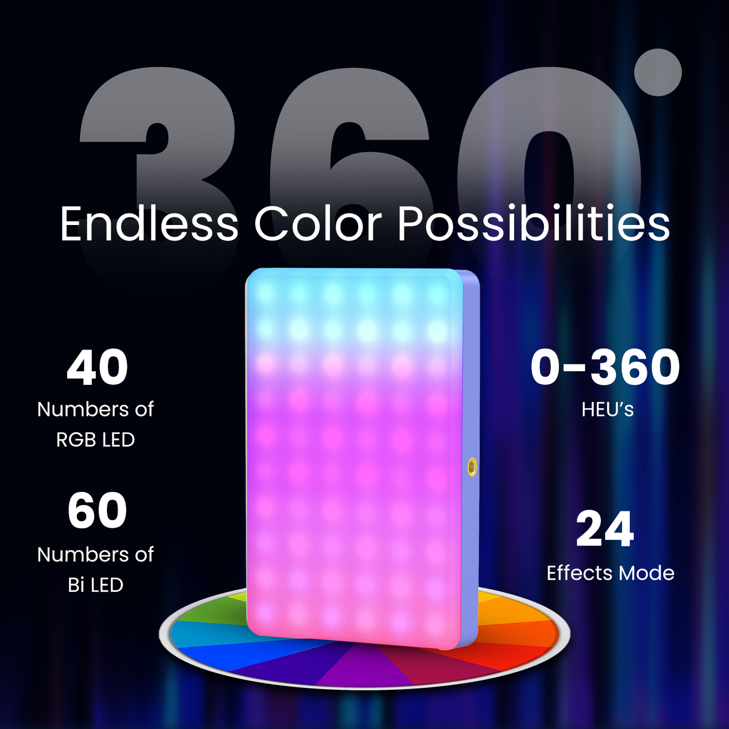 RGB Selfie Light, Clip, 24 Modes, CRI 95+, 3000mAh Battery