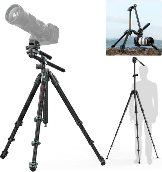 ULANZI JJ06 GlideGo Carbon Fiber Video Tripod, Dual 360° Pan Head, 73.6 inch Max Height, 11 lb Load