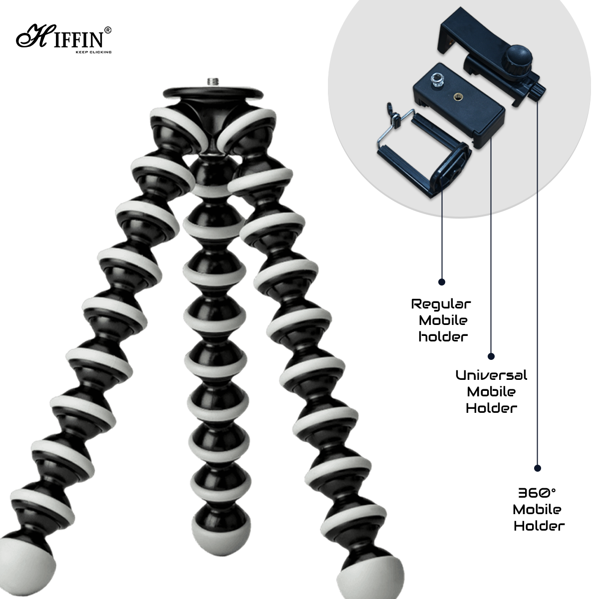 HIFFIN 13 inch/33.02 CM Jumbo Flexible Gorillapod Tripod with Mobile Attachment for DSLR, Action Cameras & Smartphones(Black)(Gorilla Jumbo Tripod 13 + 3 inches with Holder R)