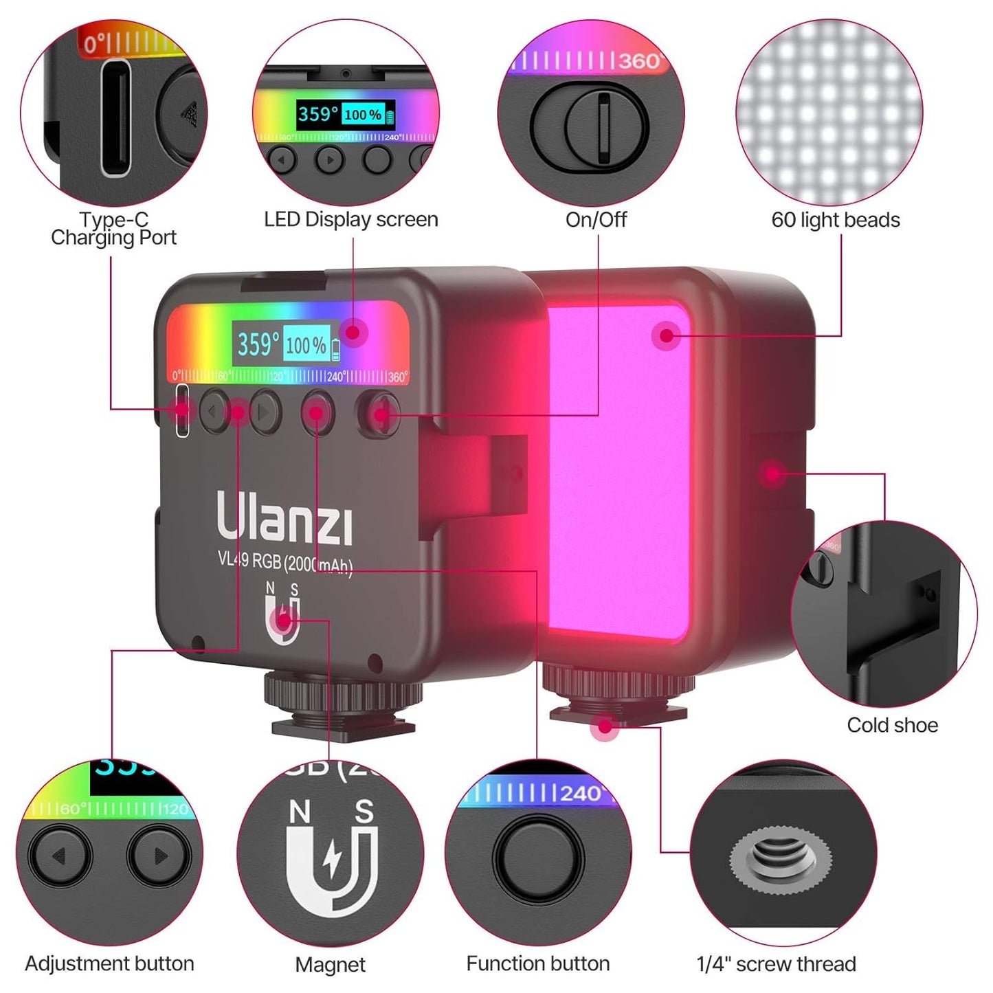 Ulanzi VL49 RGB Video Light, LED, 2000mAh, CRI 95+, 2500-9000K, Dimmable
