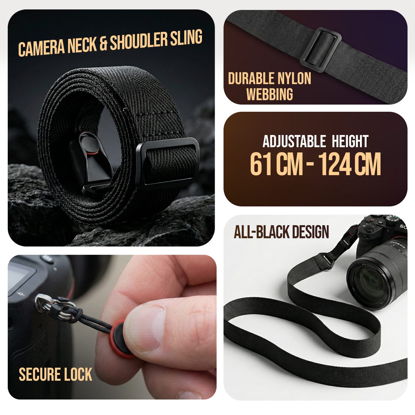 Slide Belt Adjustable Neck/Shoulder Sling Strap, QR Black Nylon, 61–124cm DSLR