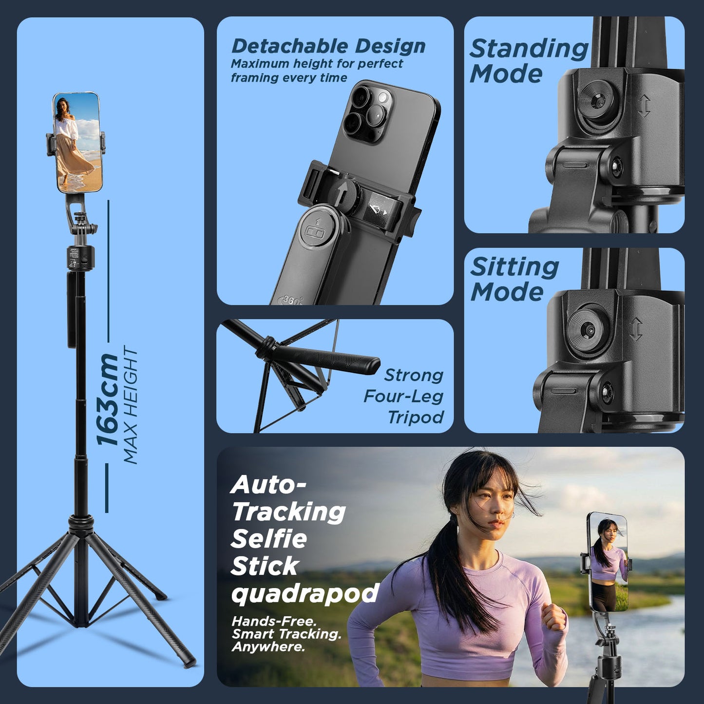 H8 Smart AI 360° Face-Tracking Selfie Stick Tripod, 63in/160cm Quad-Leg Stand