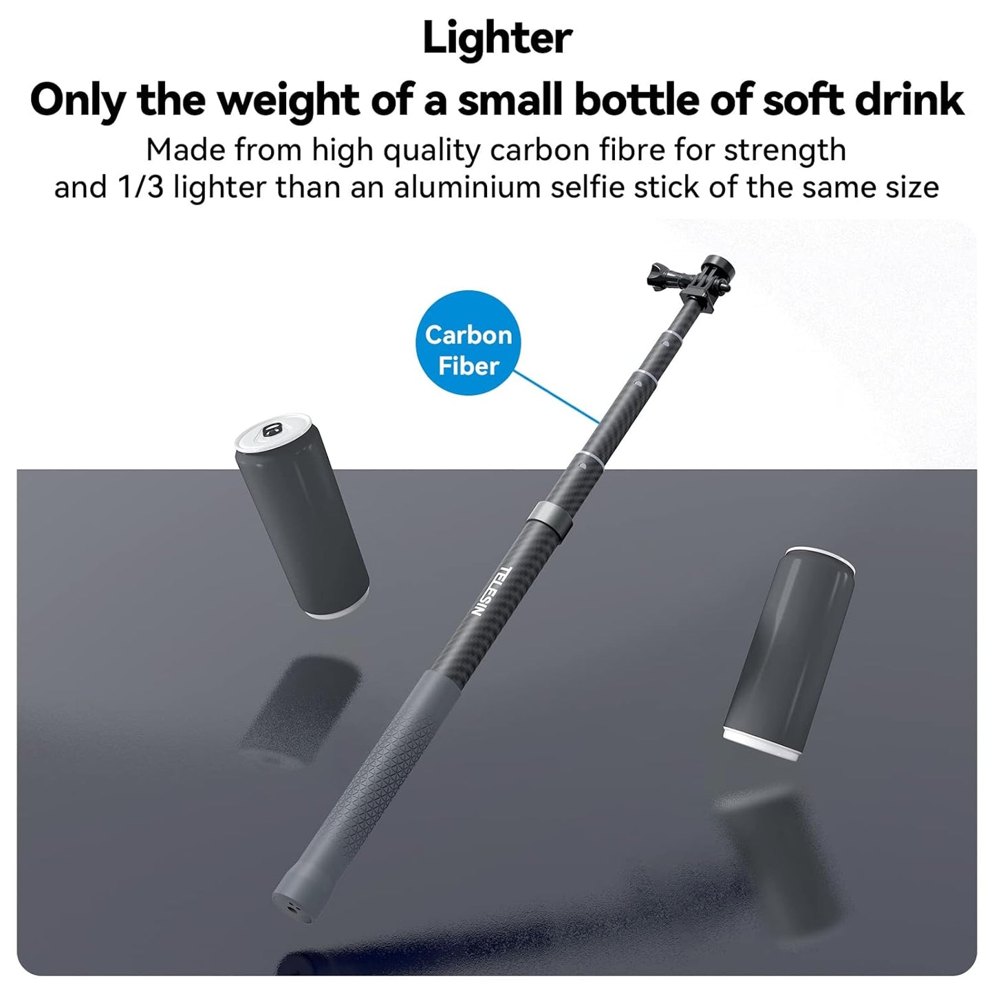 TELESIN G3 Long Selfie Stick Pole (Upgraded 118"/3M), Carbon Fiber Lightweight Waterproof Extension Monopod