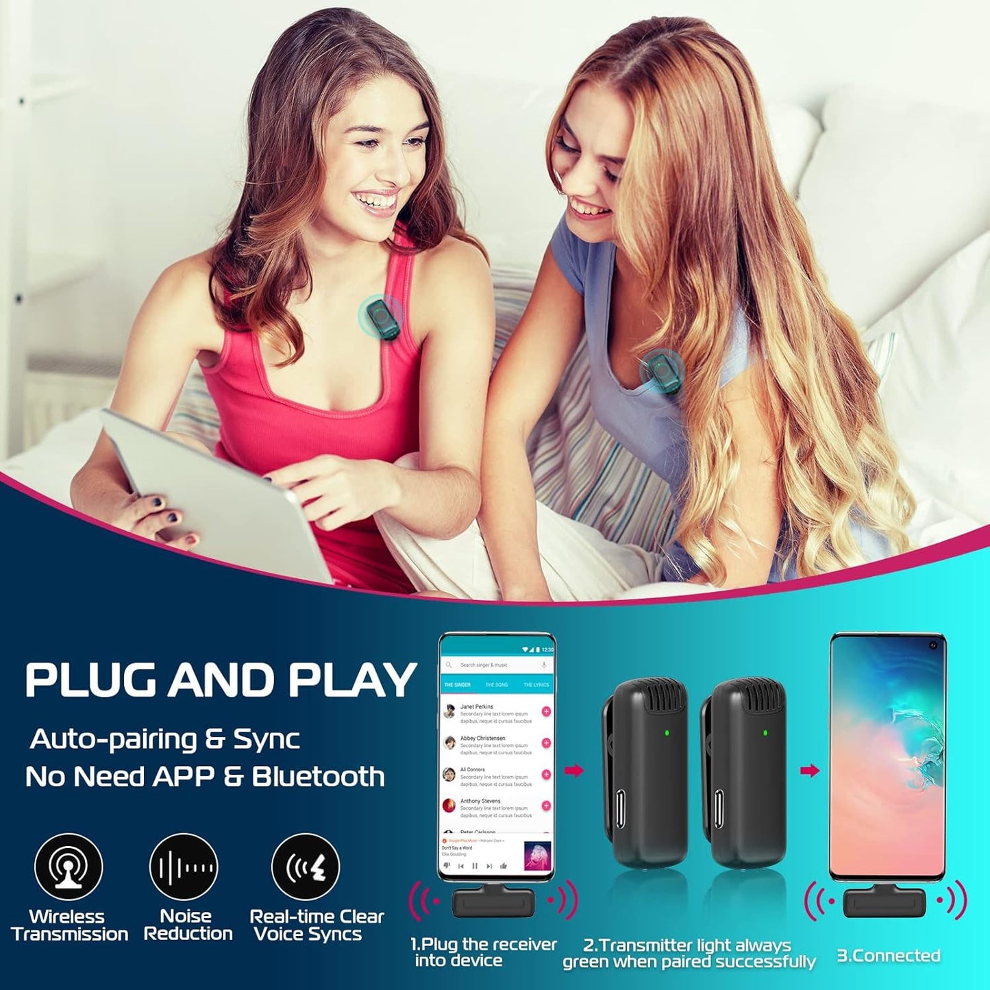 Ulanzi J12 Wireless Lavalier Mic for USB-C, iPhone & iPad, 2in1 Adapter, 65ft Range, Case