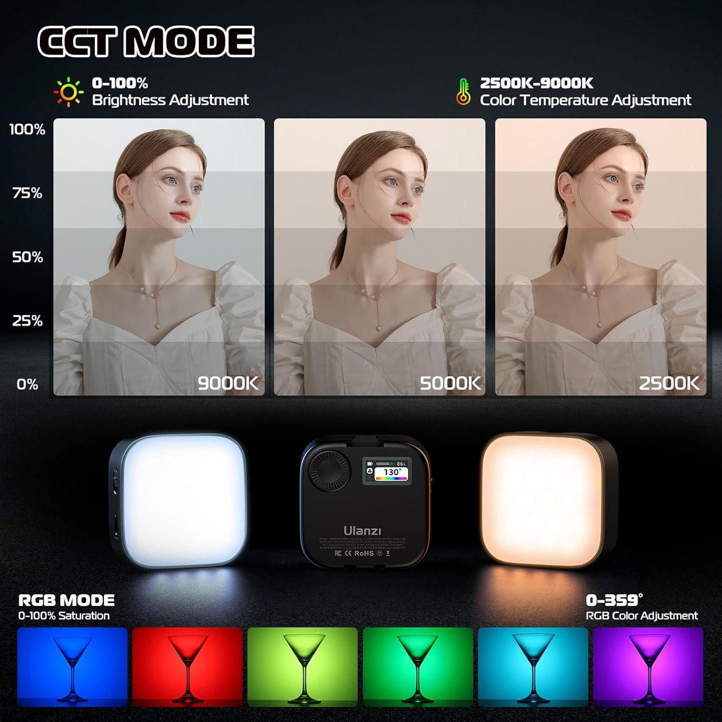 Ulanzi U60 (Black) RGB Video Light, 360° Color, CRI≥95, 2500-9000K, 2500mAh