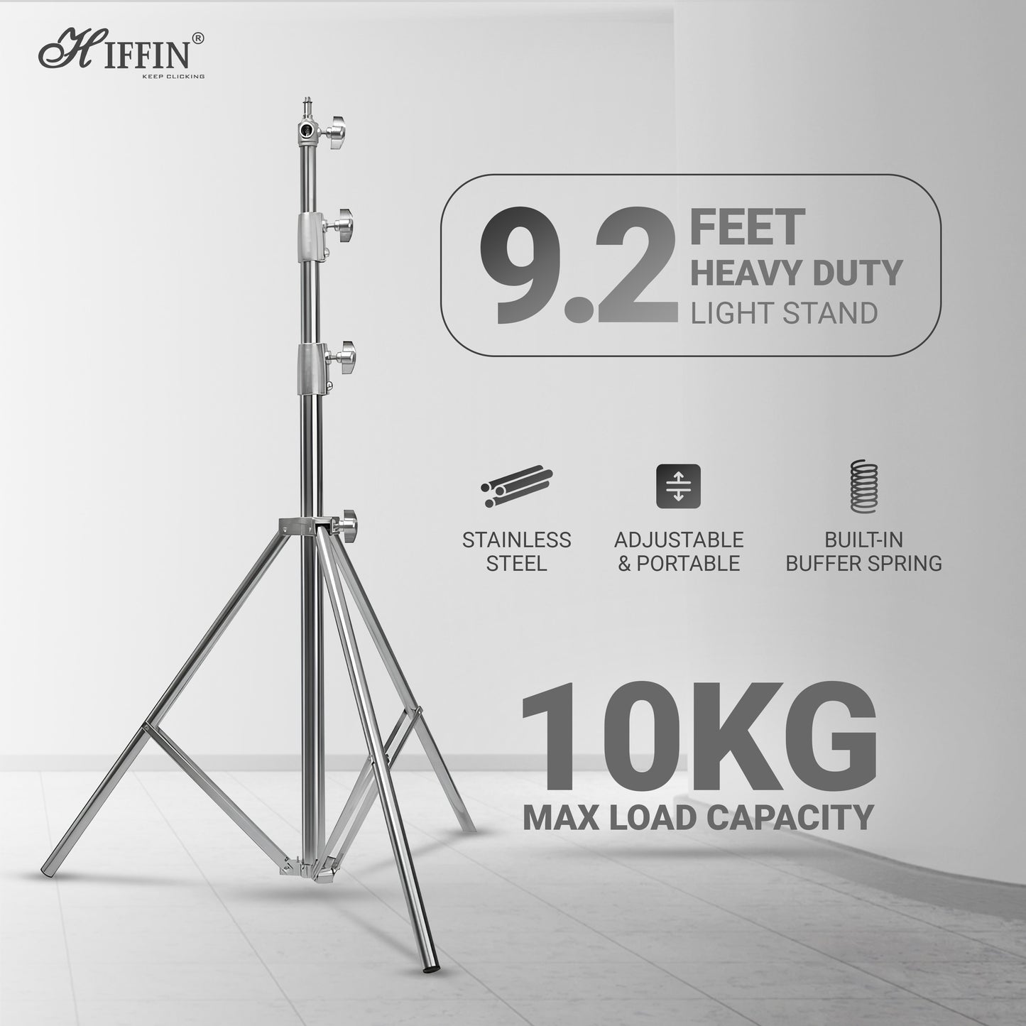 HIFFIN Stainless Steel Heavy Duty 99.06-279.4 CM Adjustable Light Stand with 0.635 CM to 0.9525 CM Universal Adapter for Studio Monolights, Softbox, and More Equipment